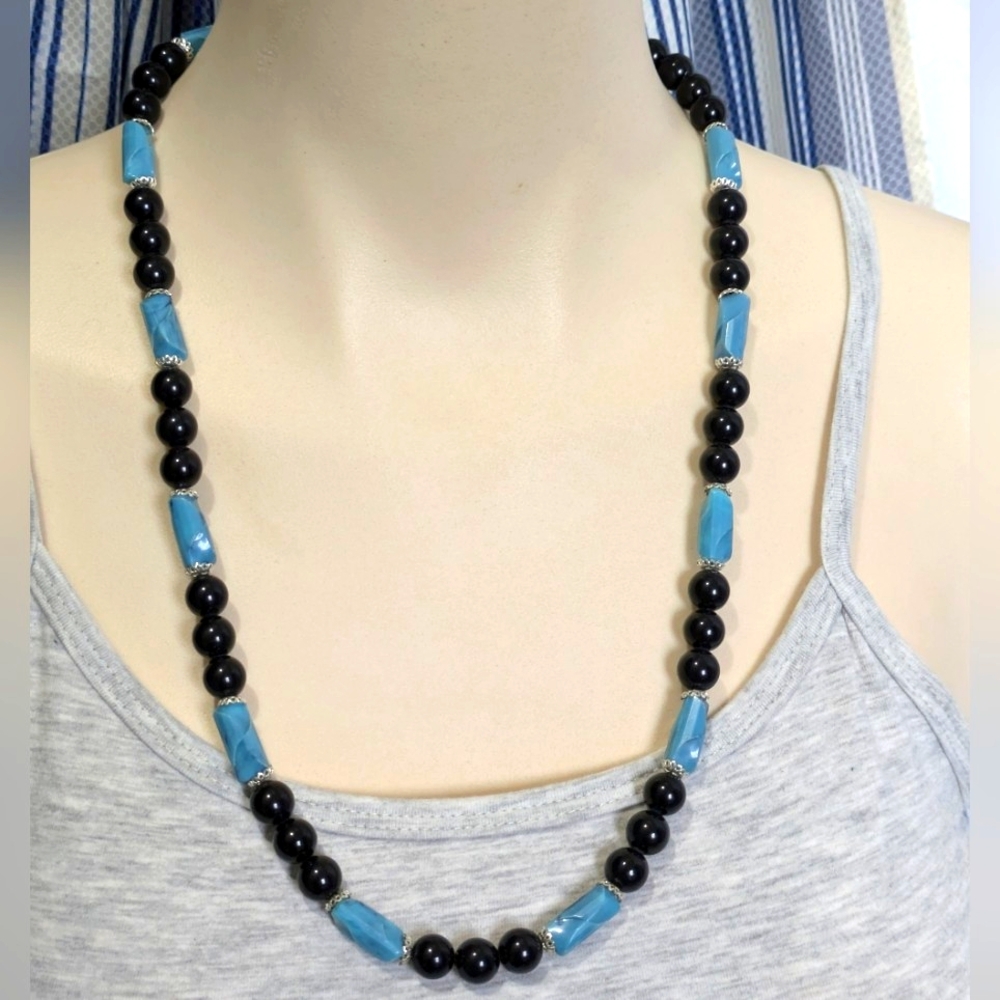 Elegant Black Blue Beaded Necklace Boho Vintage Handmade 25" Office Casual Boho